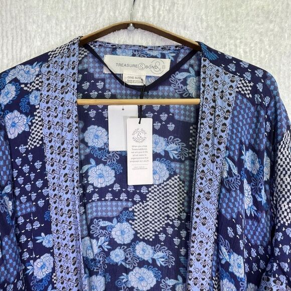 Treasure & Bond Navy Floral Mix Open Front Cardigan One Size NWT - Picture 2 of 6